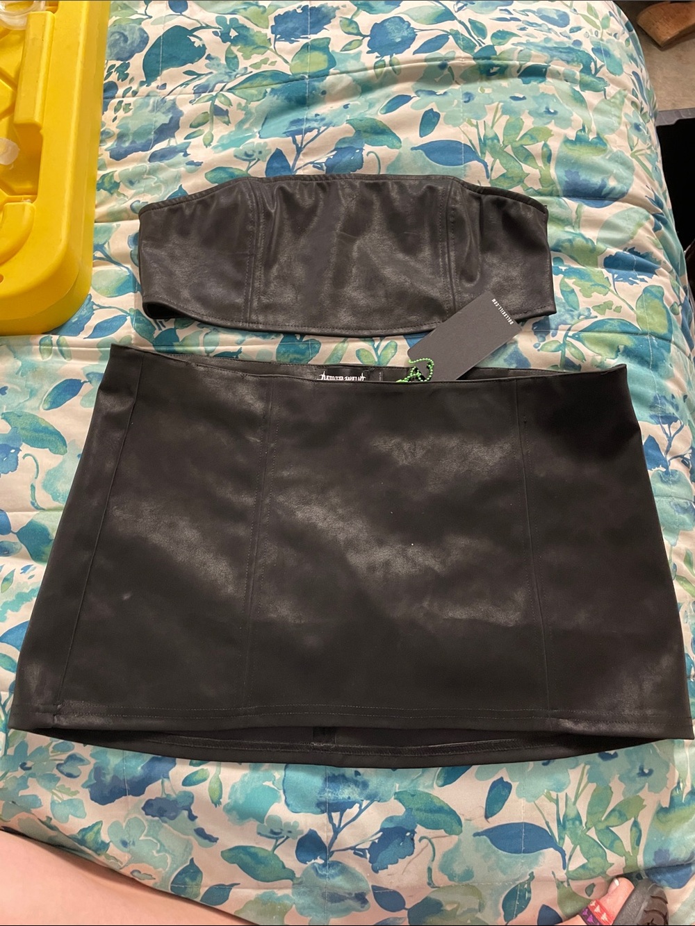 Vegan Black Faux Leather Skirt Set - Strapless Bandeau & Mini Skirt